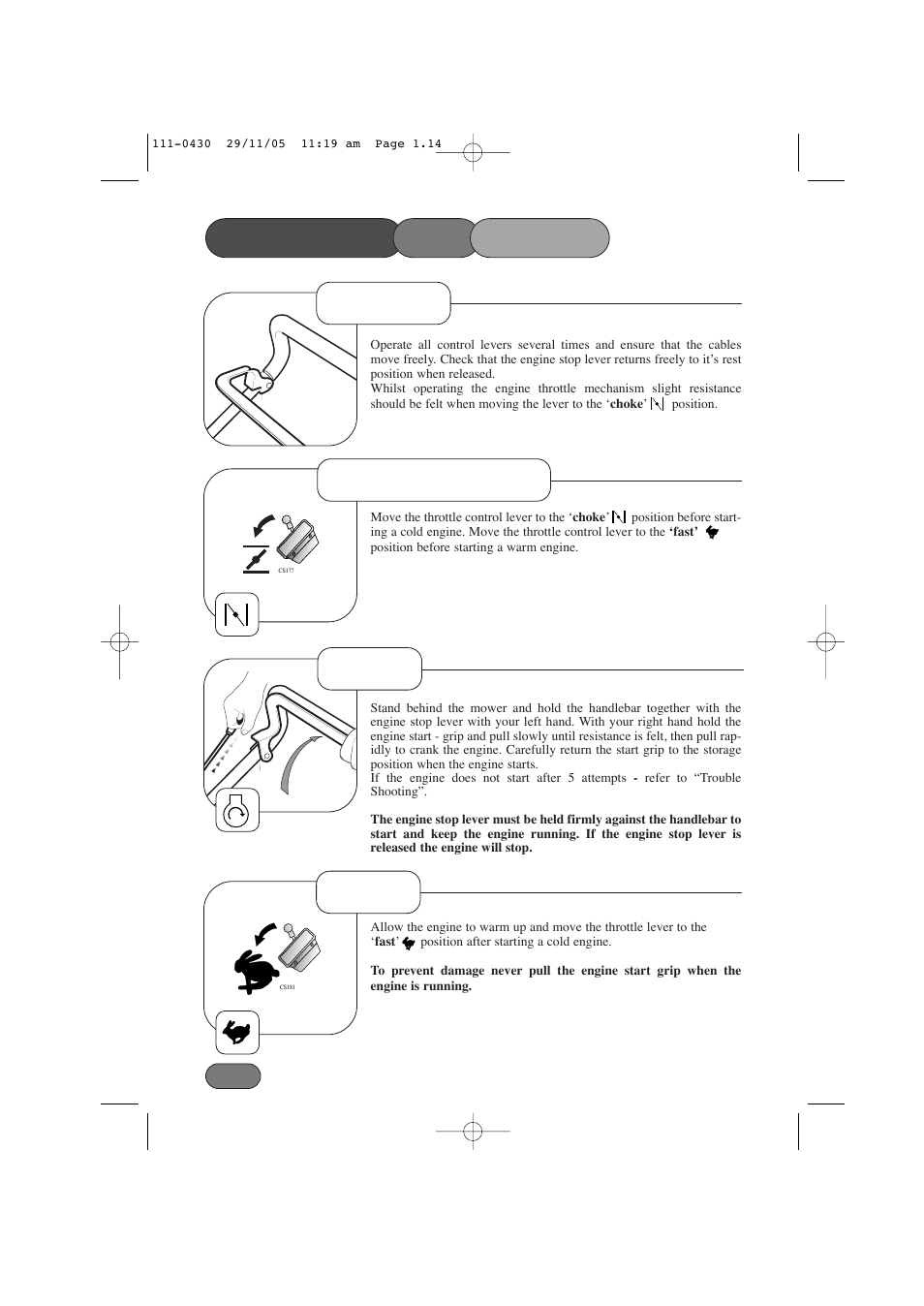 Controls, Starting - step 1 operating the mower step 2, Step 3 | Hayter Mowers Hayterette 005D User Manual | Page 14 / 36