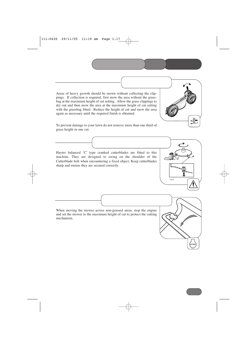 Operating, Cutterblade operation the mower, Non-grassed areas | Heavy growth | Hayter Mowers Hayterette 005D User Manual | Page 17 / 36