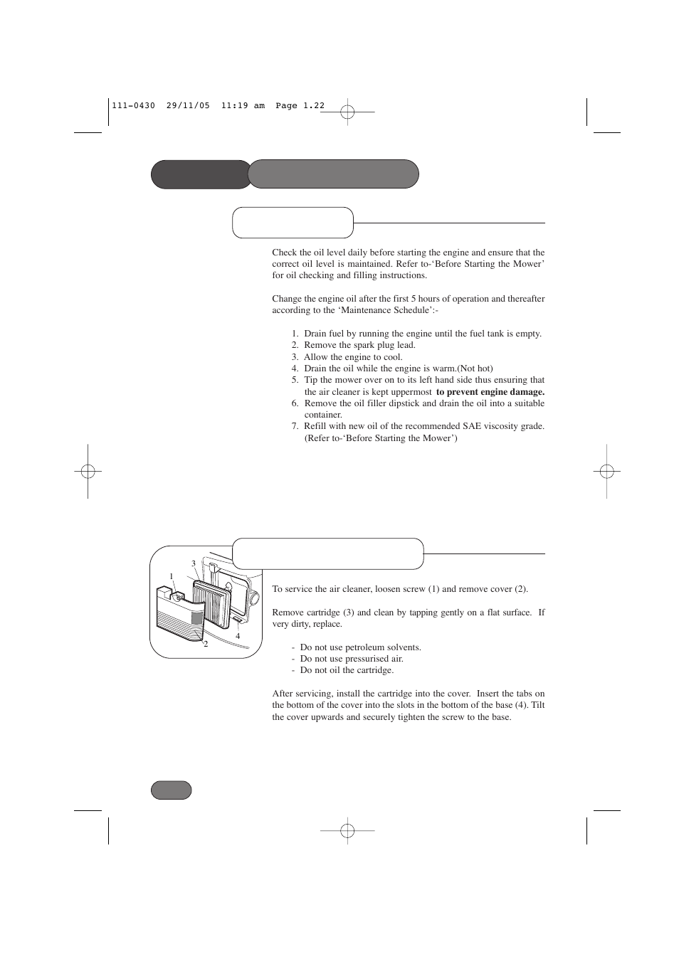 Mower maintenance, Oil service air cleaner service | Hayter Mowers Hayterette 005D User Manual | Page 22 / 36