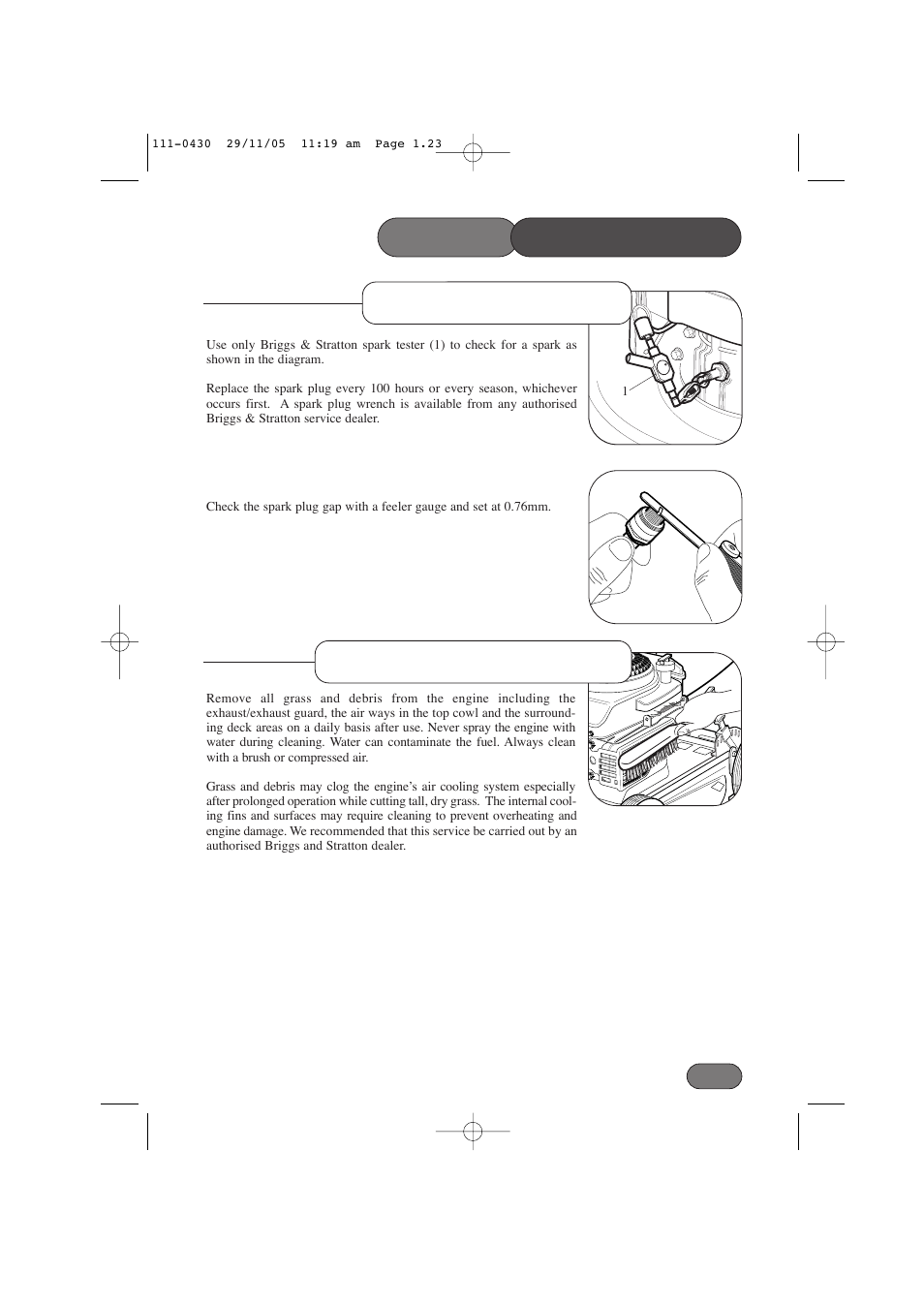 Mower maintenance, Spark plug service keeping engine clean | Hayter Mowers Hayterette 005D User Manual | Page 23 / 36