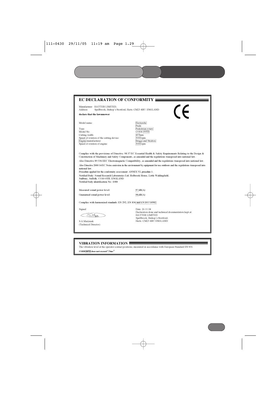 Conformity of declaration | Hayter Mowers Hayterette 005D User Manual | Page 29 / 36