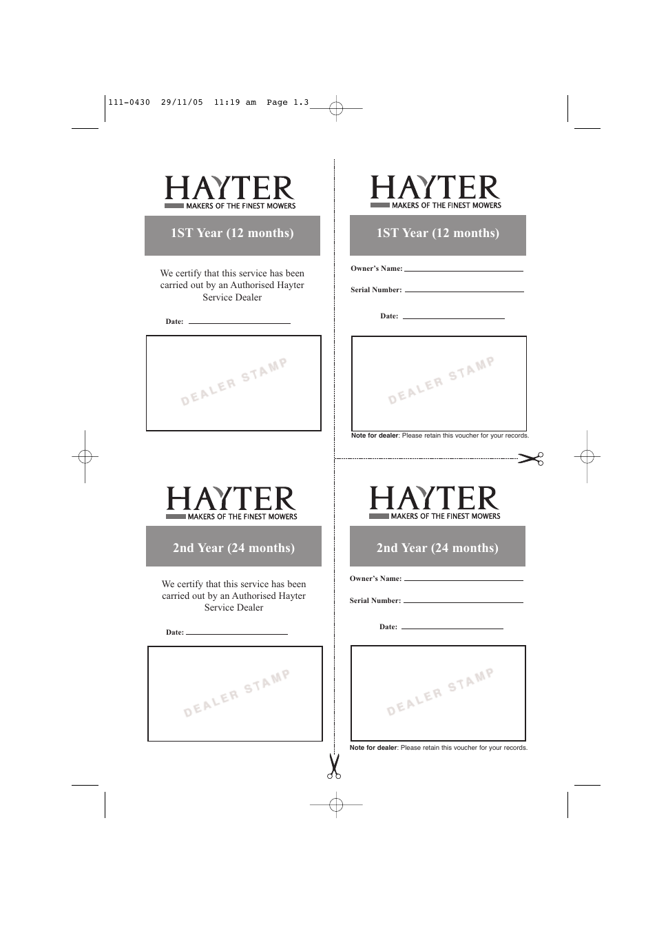 1st year (12 months), 2nd year (24 months) | Hayter Mowers Hayterette 005D User Manual | Page 3 / 36