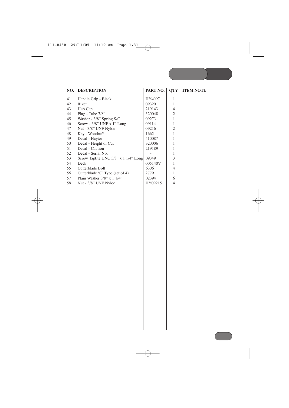 List parts | Hayter Mowers Hayterette 005D User Manual | Page 31 / 36