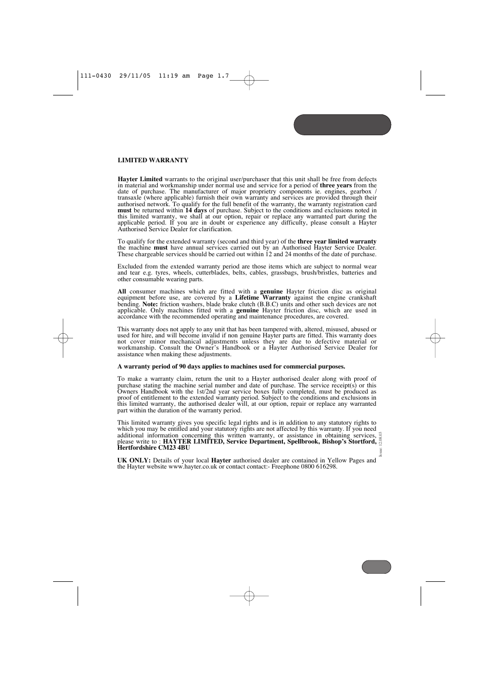 Warranty | Hayter Mowers Hayterette 005D User Manual | Page 7 / 36
