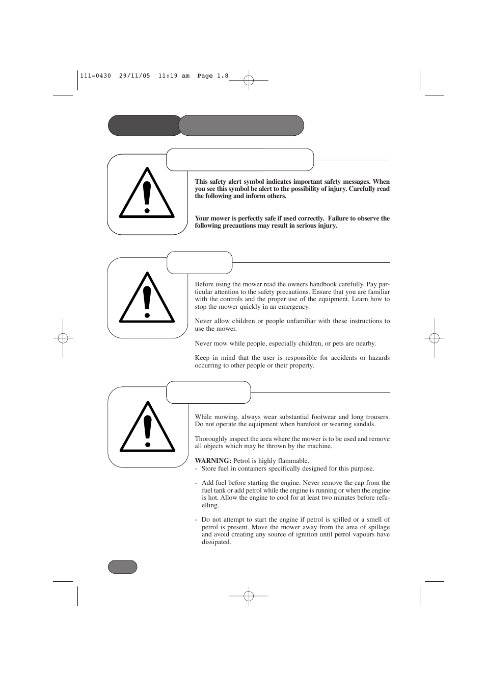 Safety precautions, Safety alert symbol preparation training | Hayter Mowers Hayterette 005D User Manual | Page 8 / 36