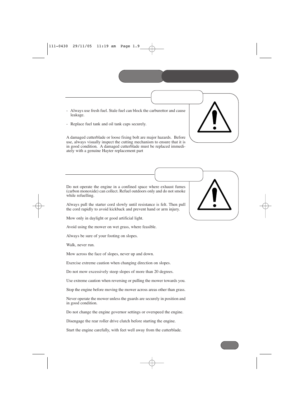 Safety precautions, Operation preparation | Hayter Mowers Hayterette 005D User Manual | Page 9 / 36