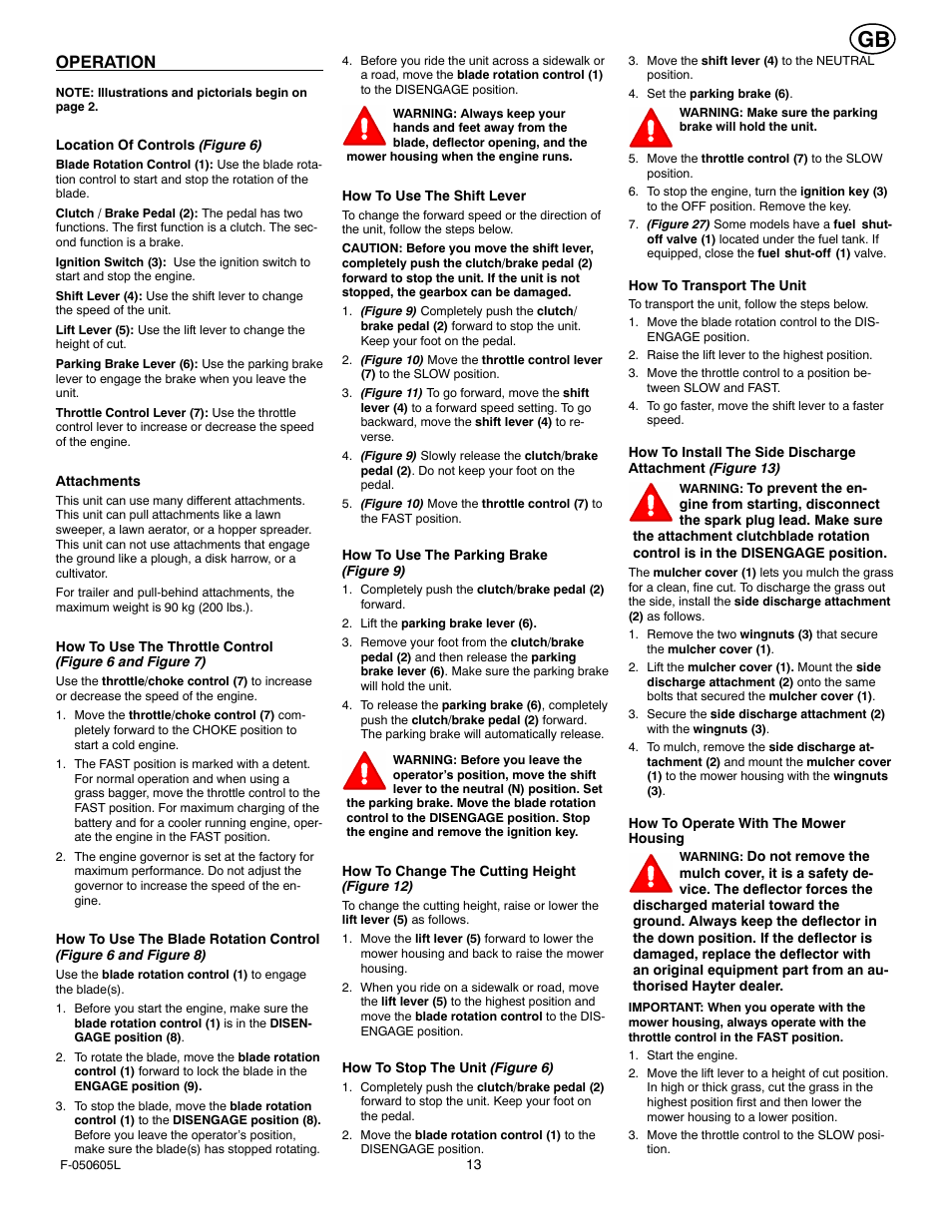 Operation | Hayter Mowers M30 User Manual | Page 13 / 36