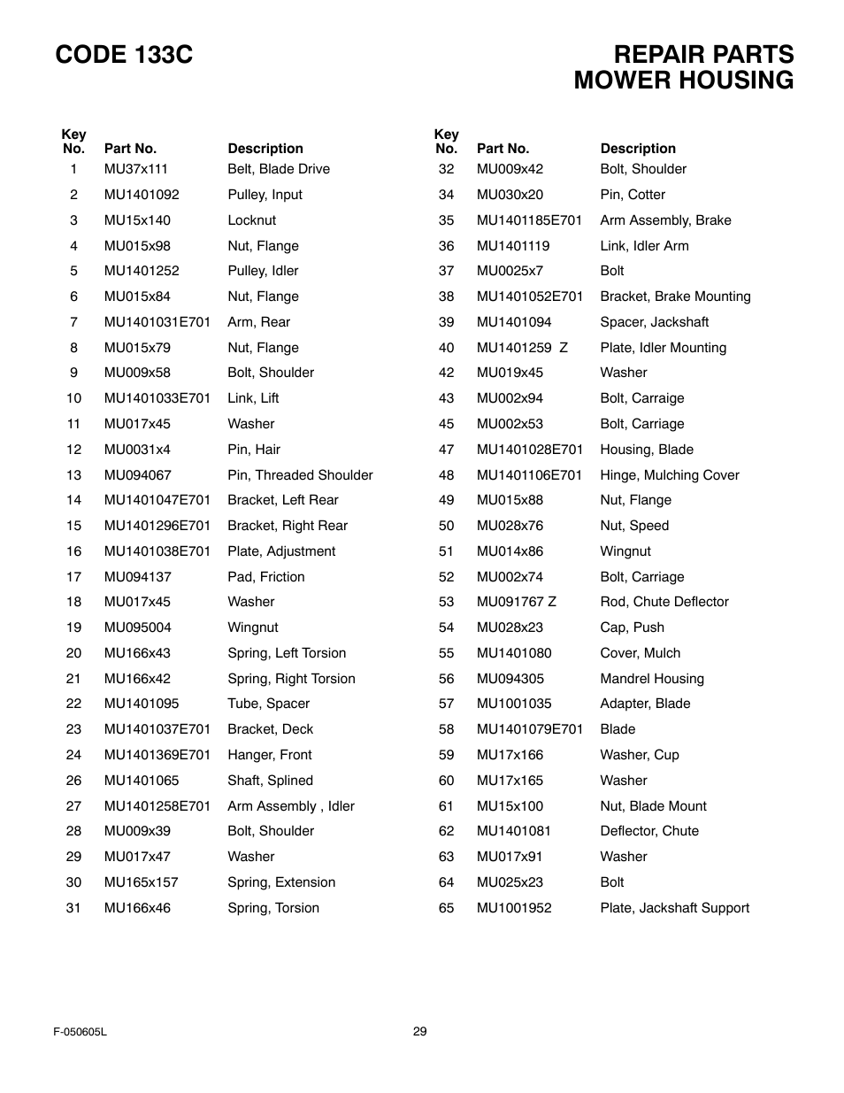 Repair parts code 133c, Mower housing | Hayter Mowers M30 User Manual | Page 29 / 36