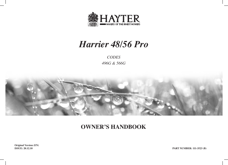 Hayter Mowers Harrier 48/56 Pro 496G User Manual | 18 pages