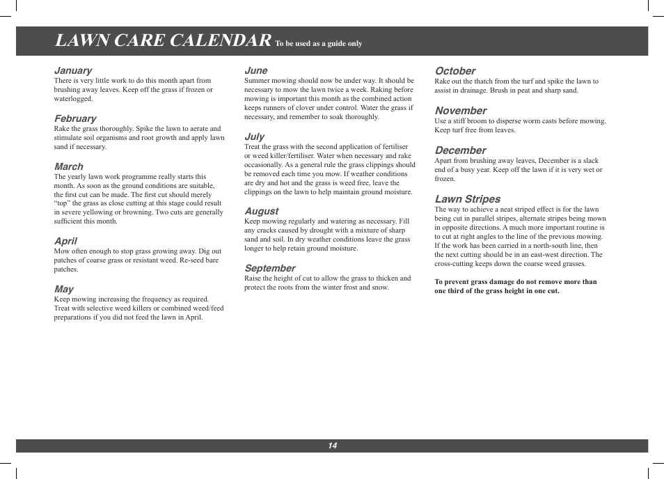 Lawn care calendar, October, November | December, Lawn stripes | Hayter Mowers Harrier 48/56 Pro 496G User Manual | Page 14 / 18