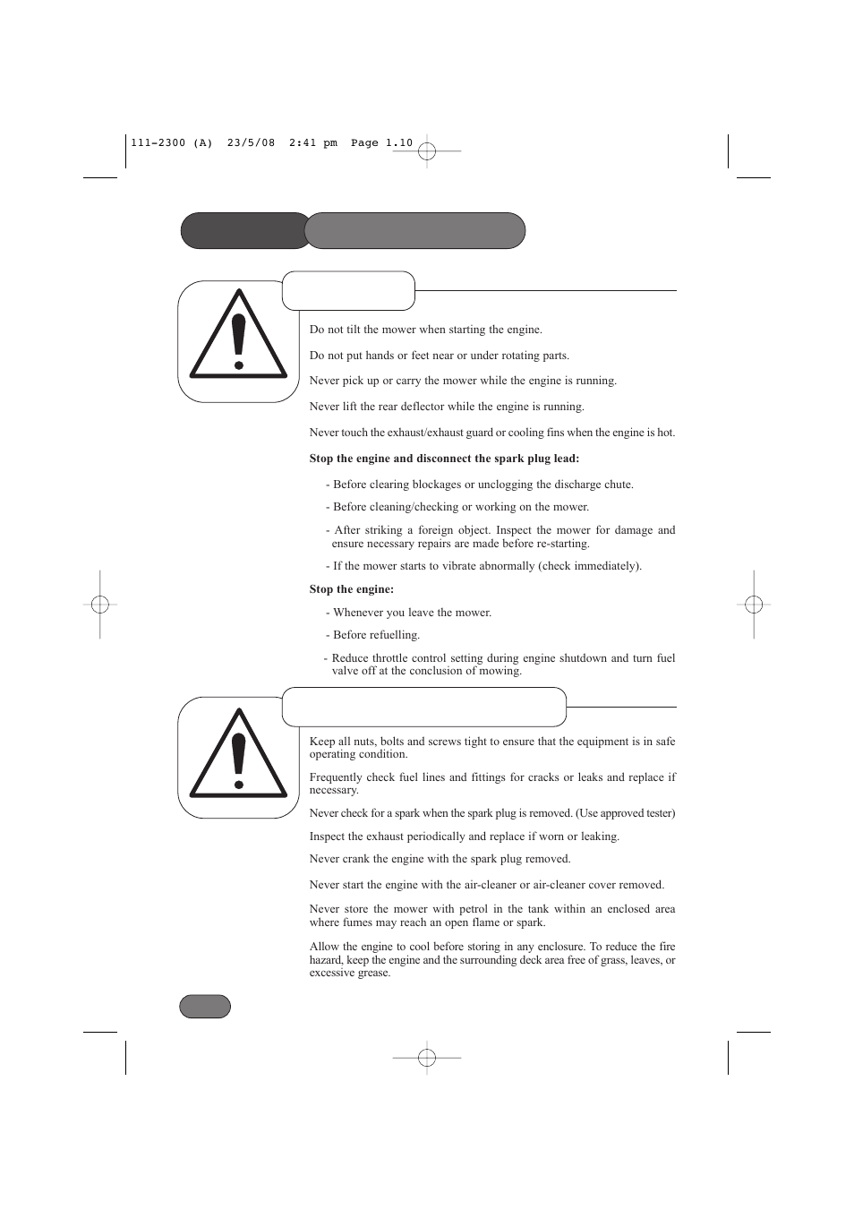 Safety precautions, Operation maintenance & storage | Hayter Mowers Motif 434F User Manual | Page 10 / 36