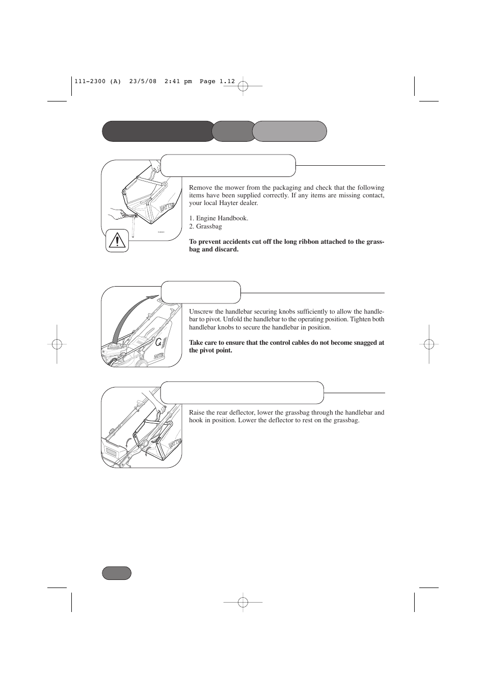 Assembling the mower, Handlebar delivery checklist grassbag attachment | Hayter Mowers Motif 434F User Manual | Page 12 / 36