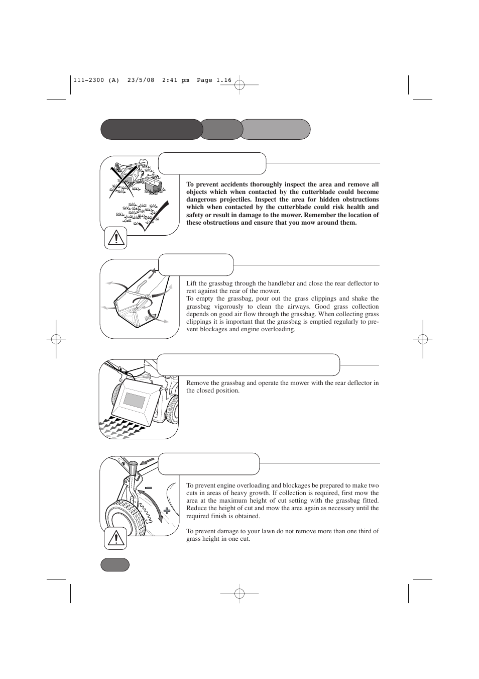 Operating the mower, Grassbag before mowing without grass collection, Heavy growth | Hayter Mowers Motif 434F User Manual | Page 16 / 36