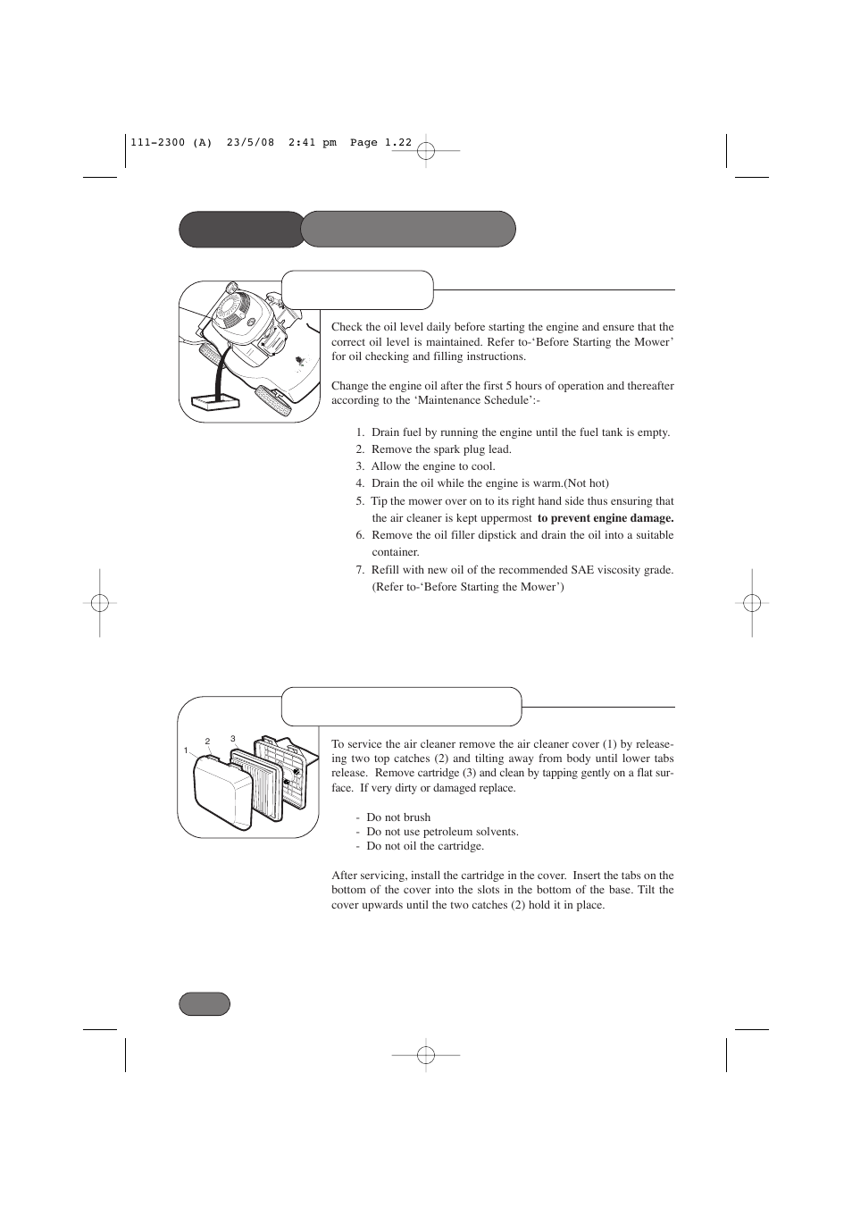 Mower, Oil service air cleaner service maintenance | Hayter Mowers Motif 434F User Manual | Page 22 / 36