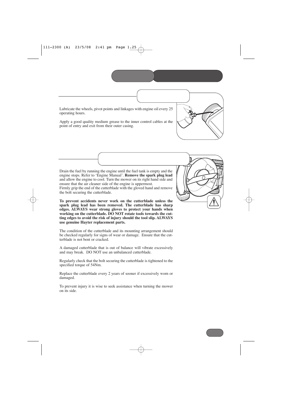 Lubrication, Cutterblade removal maintenance mower | Hayter Mowers Motif 434F User Manual | Page 25 / 36