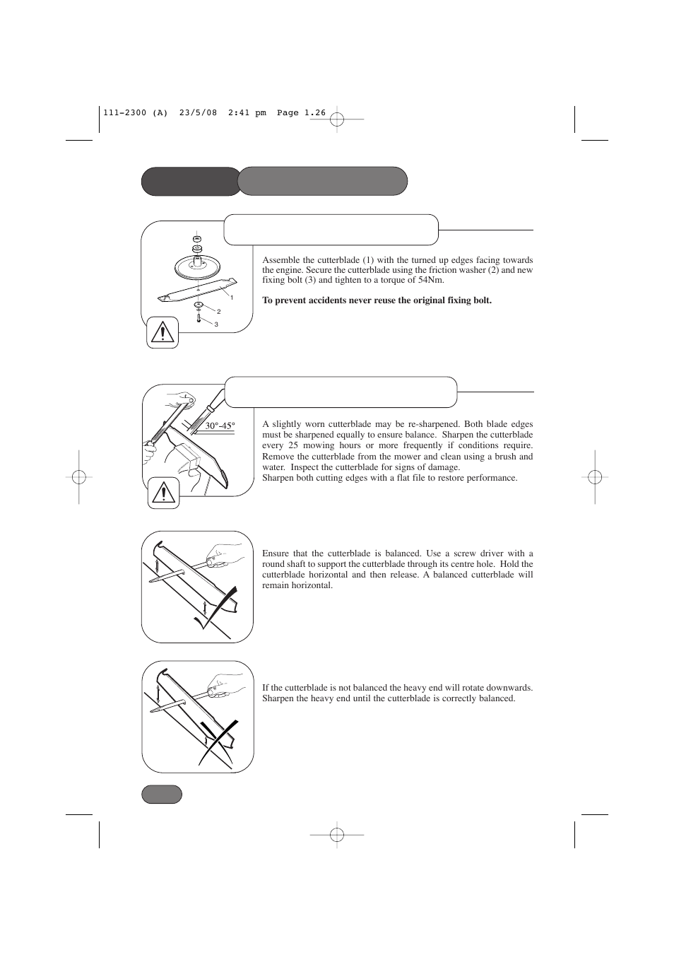 Mower maintenance, Cutterblade sharpening, Cutterblade assembly | Hayter Mowers Motif 434F User Manual | Page 26 / 36