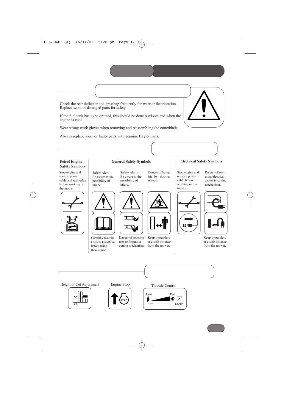 Maintenance & storage precautions, Safety symbols, Control symbols | Safety | Hayter Mowers 435D User Manual | Page 11 / 36