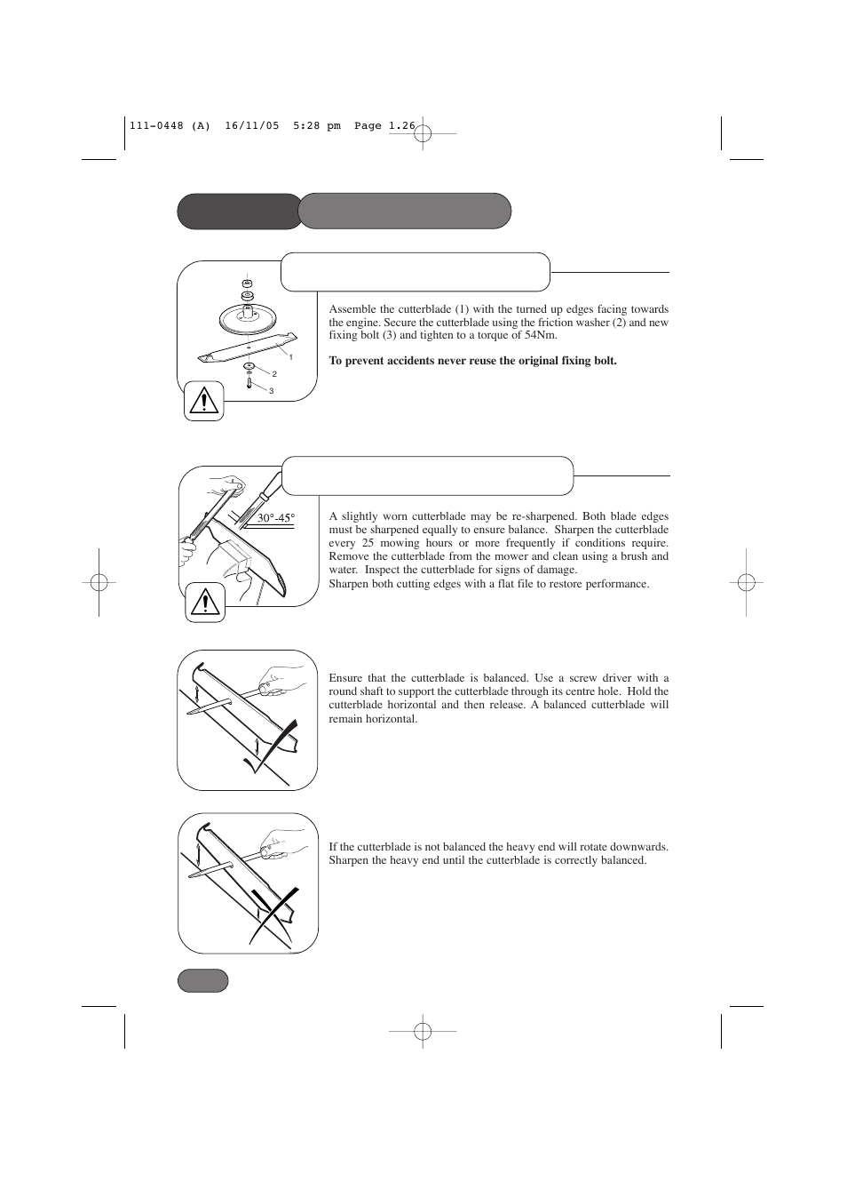 Mower maintenance, Cutterblade sharpening, Cutterblade assembly | Hayter Mowers 435D User Manual | Page 26 / 36