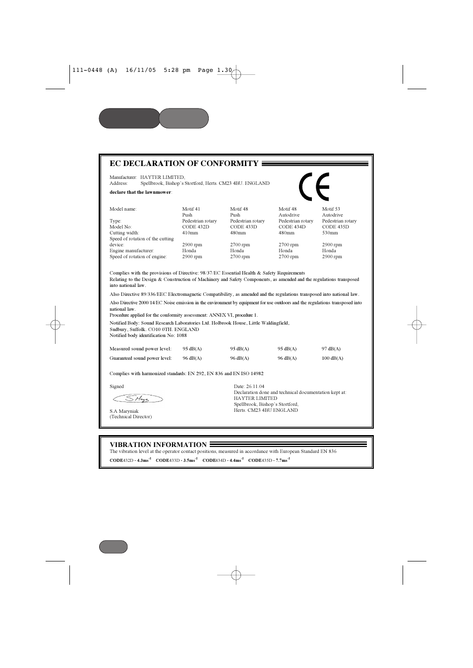 Parts list, Ec declaration of conformity | Hayter Mowers 435D User Manual | Page 30 / 36