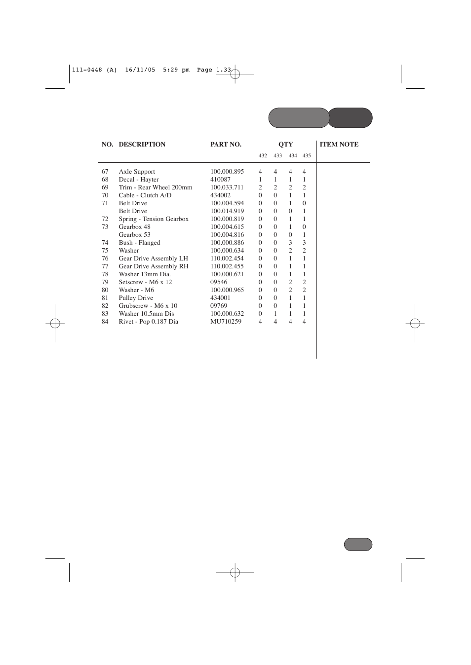 List parts | Hayter Mowers 435D User Manual | Page 33 / 36