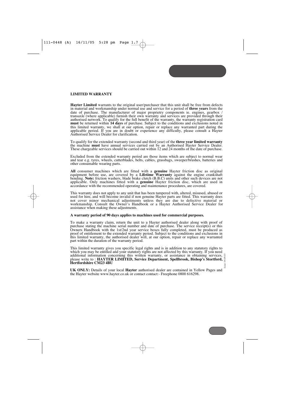 Warranty | Hayter Mowers 435D User Manual | Page 7 / 36