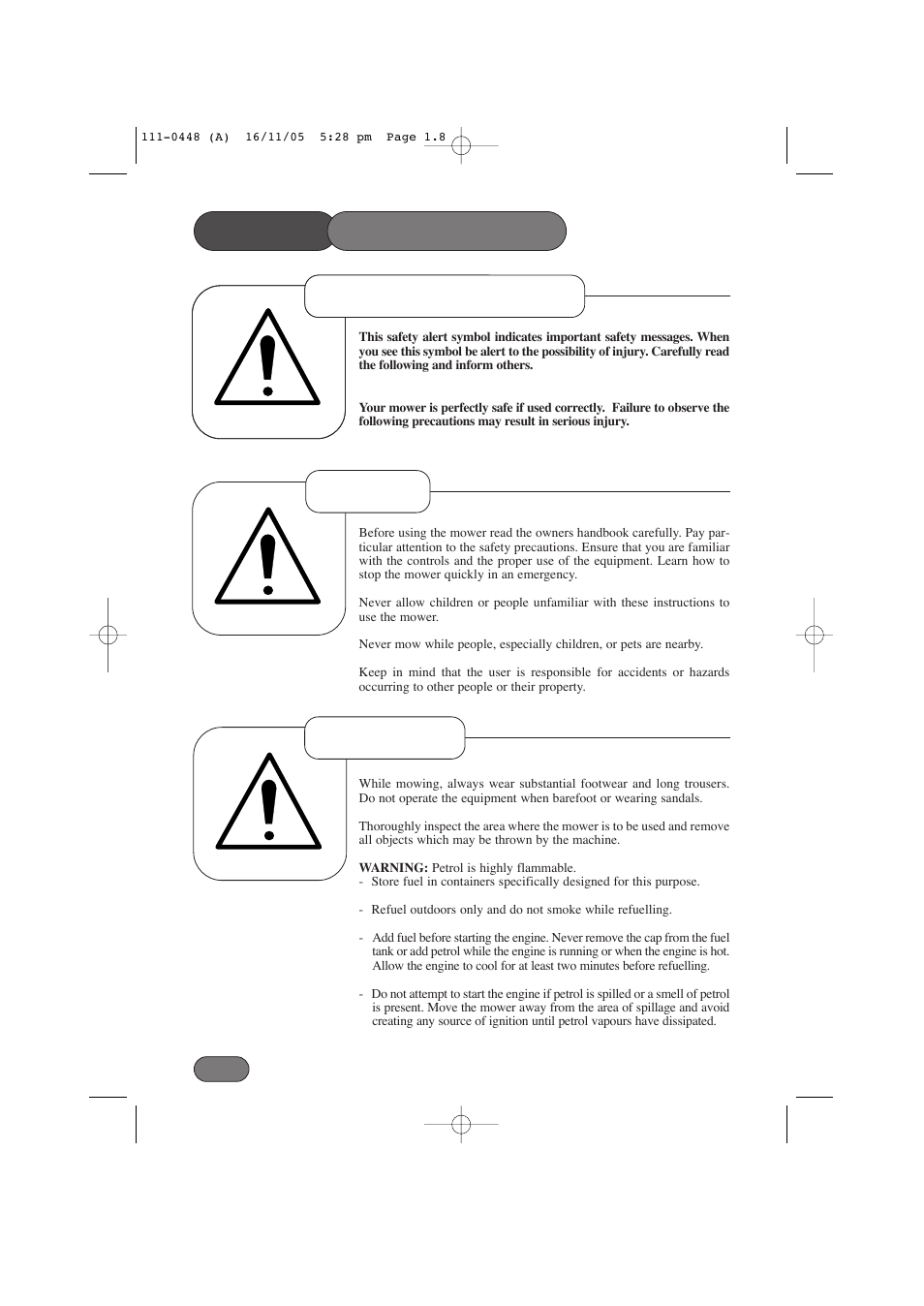 Safety precautions, Safety alert symbol preparation training | Hayter Mowers 435D User Manual | Page 8 / 36