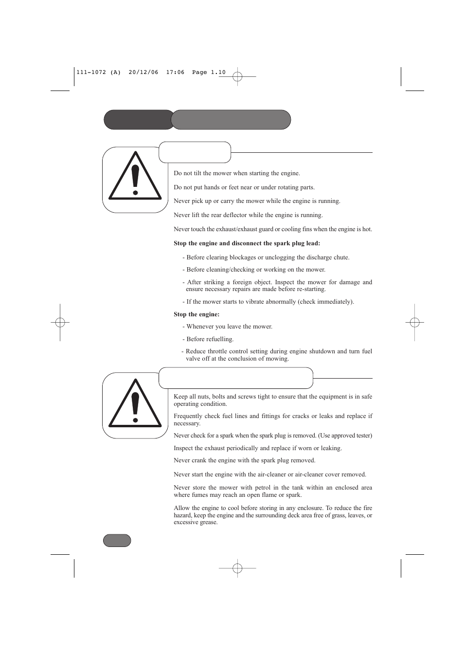 Safety precautions, Operation maintenance & storage | Hayter Mowers Motif 434E User Manual | Page 10 / 36