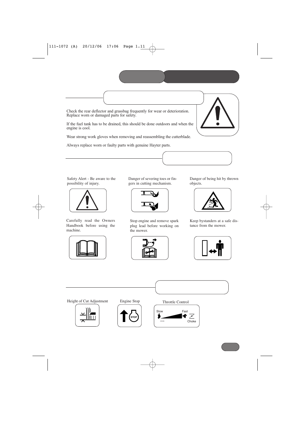 Maintenance & storage precautions, Safety symbols, Control symbols | Safety | Hayter Mowers Motif 434E User Manual | Page 11 / 36