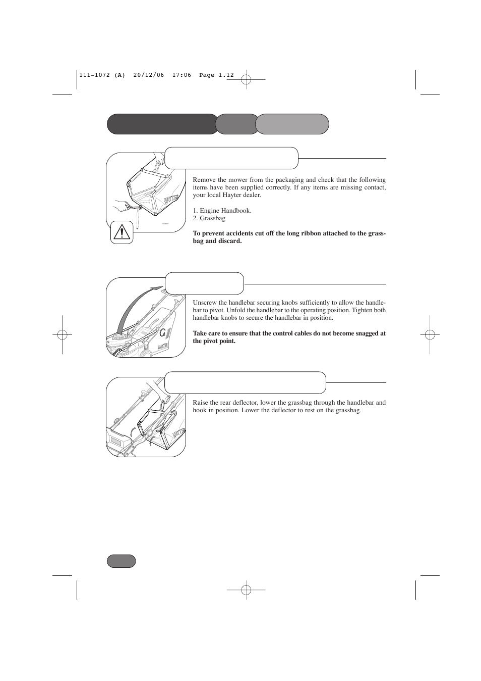 Assembling the mower, Handlebar delivery checklist grassbag attachment | Hayter Mowers Motif 434E User Manual | Page 12 / 36