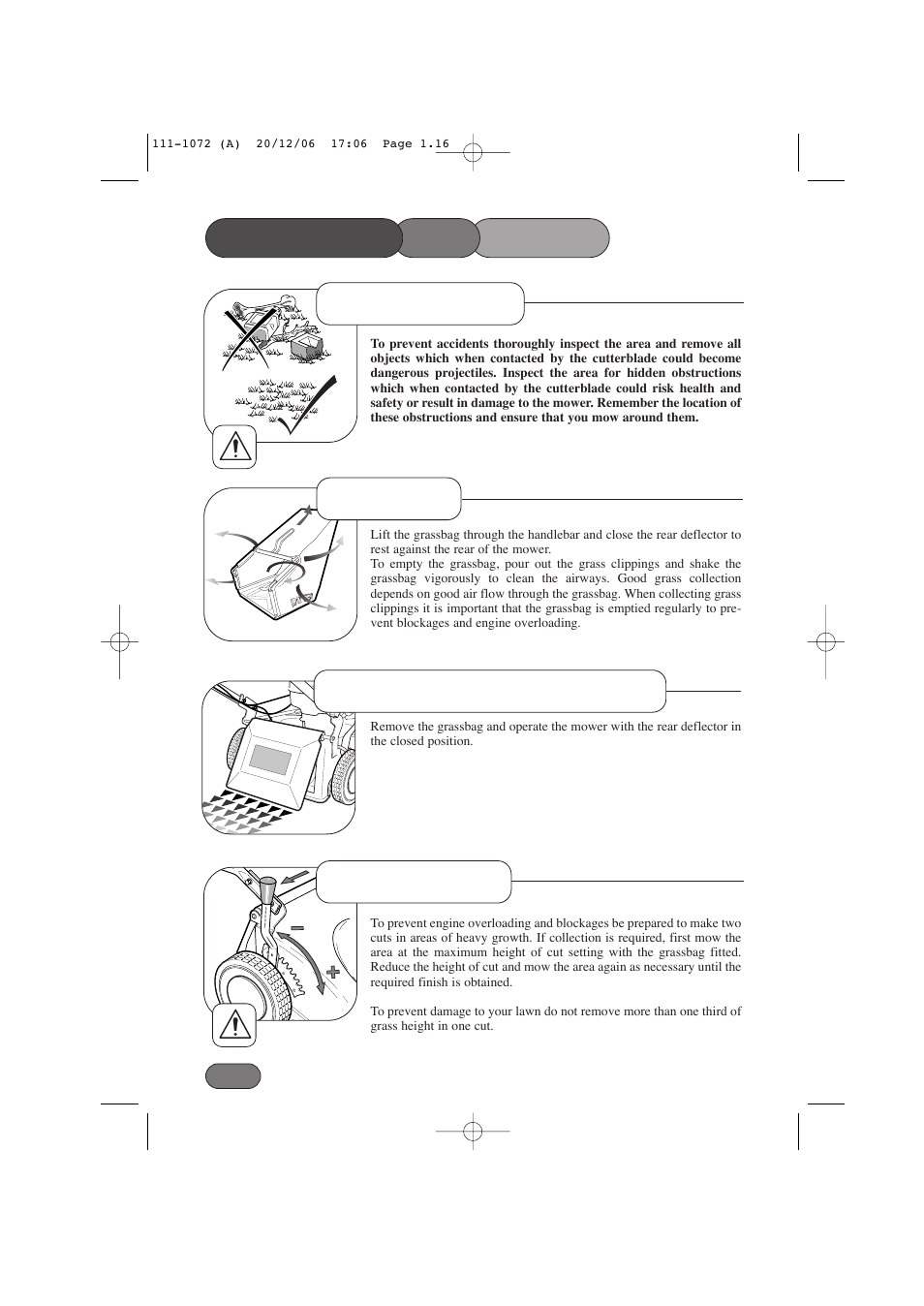 Operating the mower, Grassbag before mowing without grass collection, Heavy growth | Hayter Mowers Motif 434E User Manual | Page 16 / 36