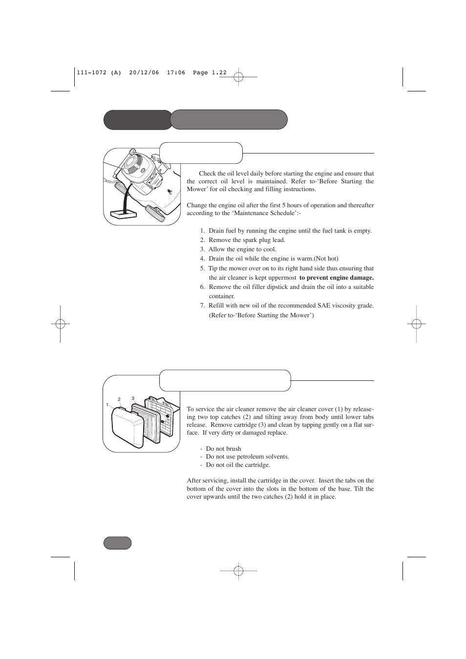 Mower, Oil service air cleaner service maintenance | Hayter Mowers Motif 434E User Manual | Page 22 / 36