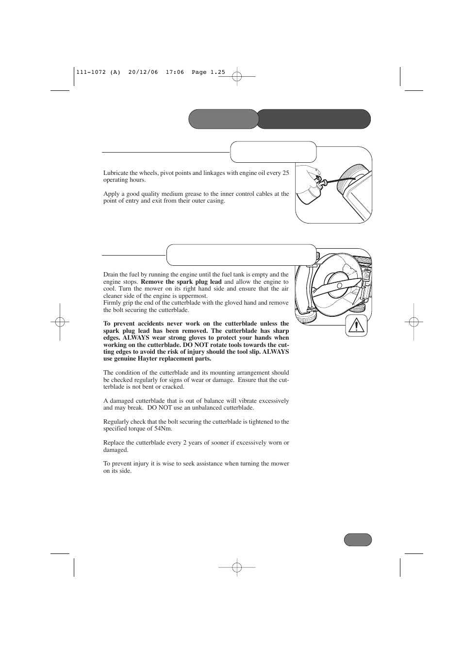 Lubrication, Cutterblade removal maintenance mower | Hayter Mowers Motif 434E User Manual | Page 25 / 36