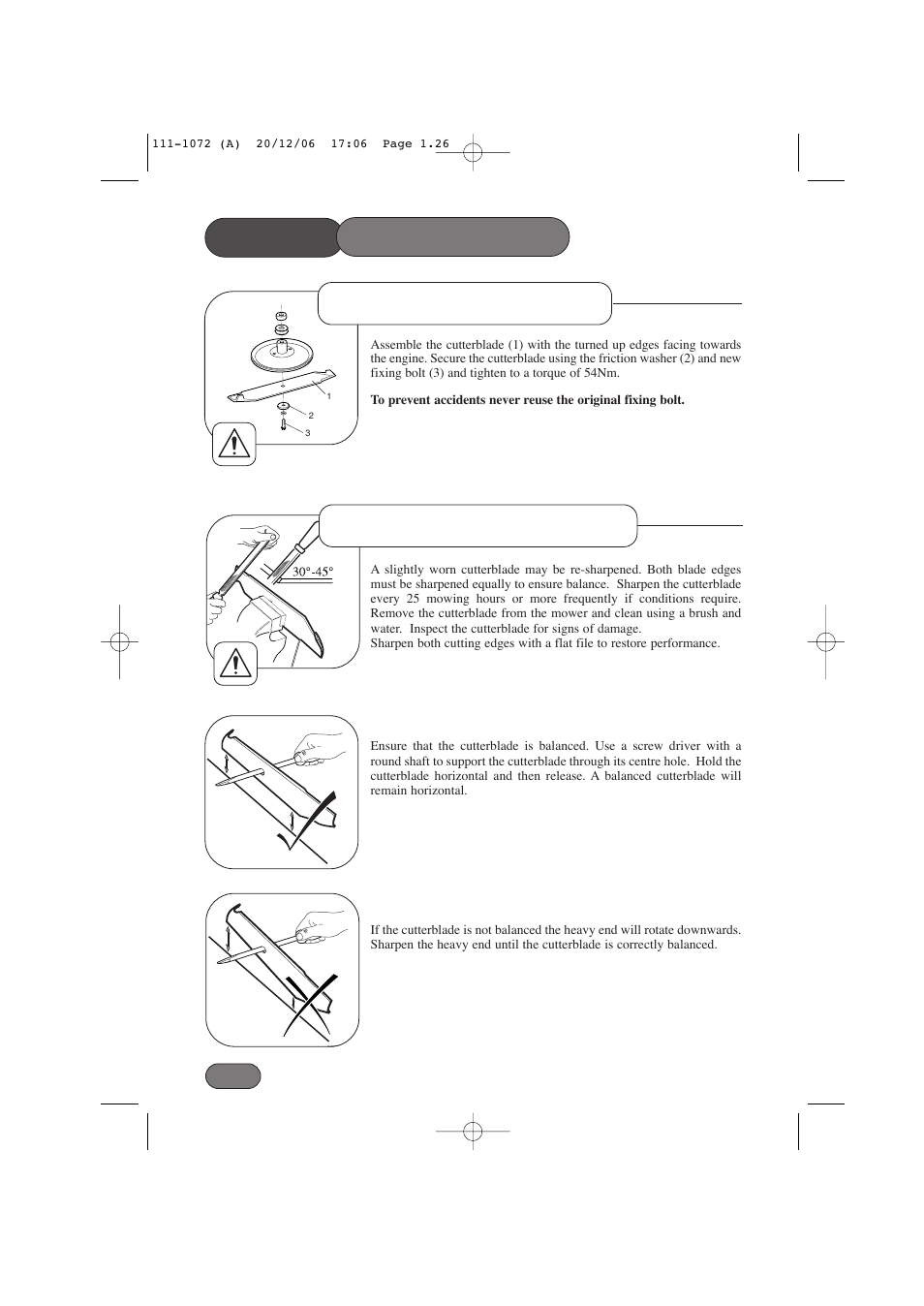 Mower maintenance, Cutterblade sharpening, Cutterblade assembly | Hayter Mowers Motif 434E User Manual | Page 26 / 36