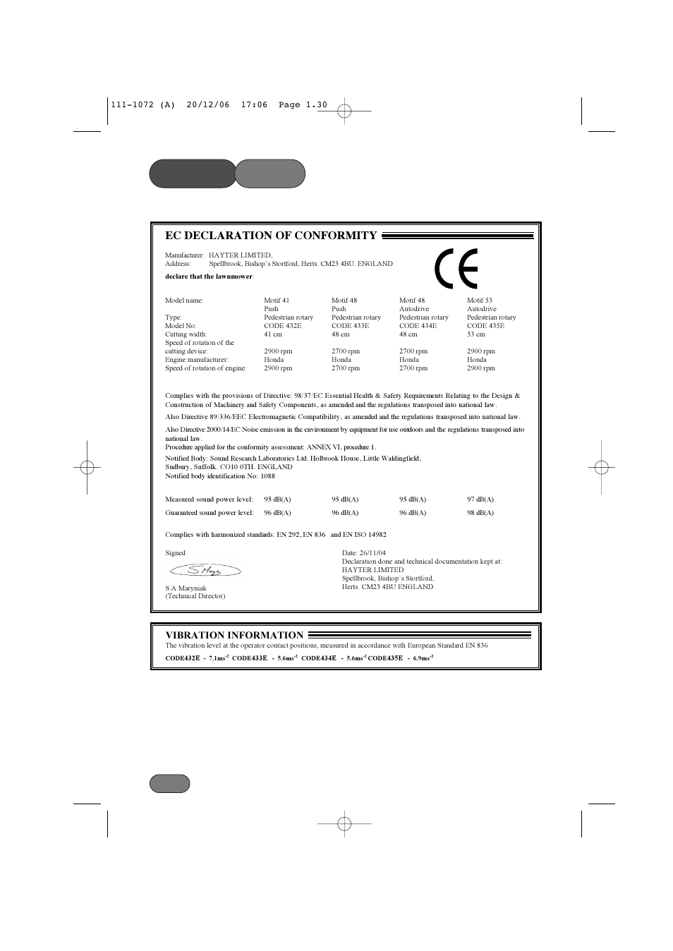 Parts list, Ec declaration of conformity | Hayter Mowers Motif 434E User Manual | Page 30 / 36