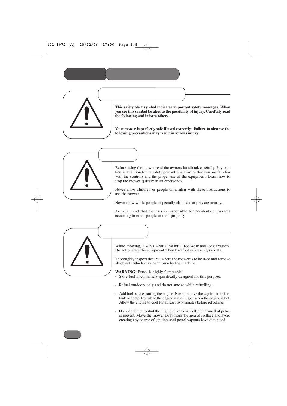 Safety precautions, Safety alert symbol preparation training | Hayter Mowers Motif 434E User Manual | Page 8 / 36