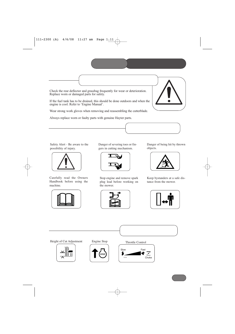 Maintenance & storage precautions, Safety symbols, Control symbols | Safety | Hayter Mowers Motif 43F User Manual | Page 11 / 40