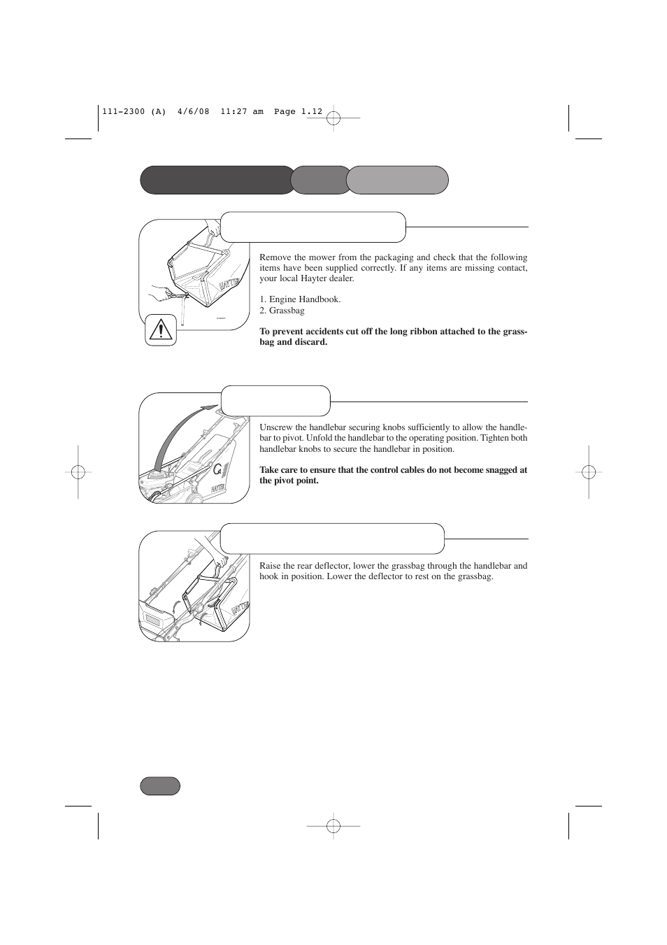 Assembling the mower, Handlebar delivery checklist grassbag attachment | Hayter Mowers Motif 43F User Manual | Page 12 / 40