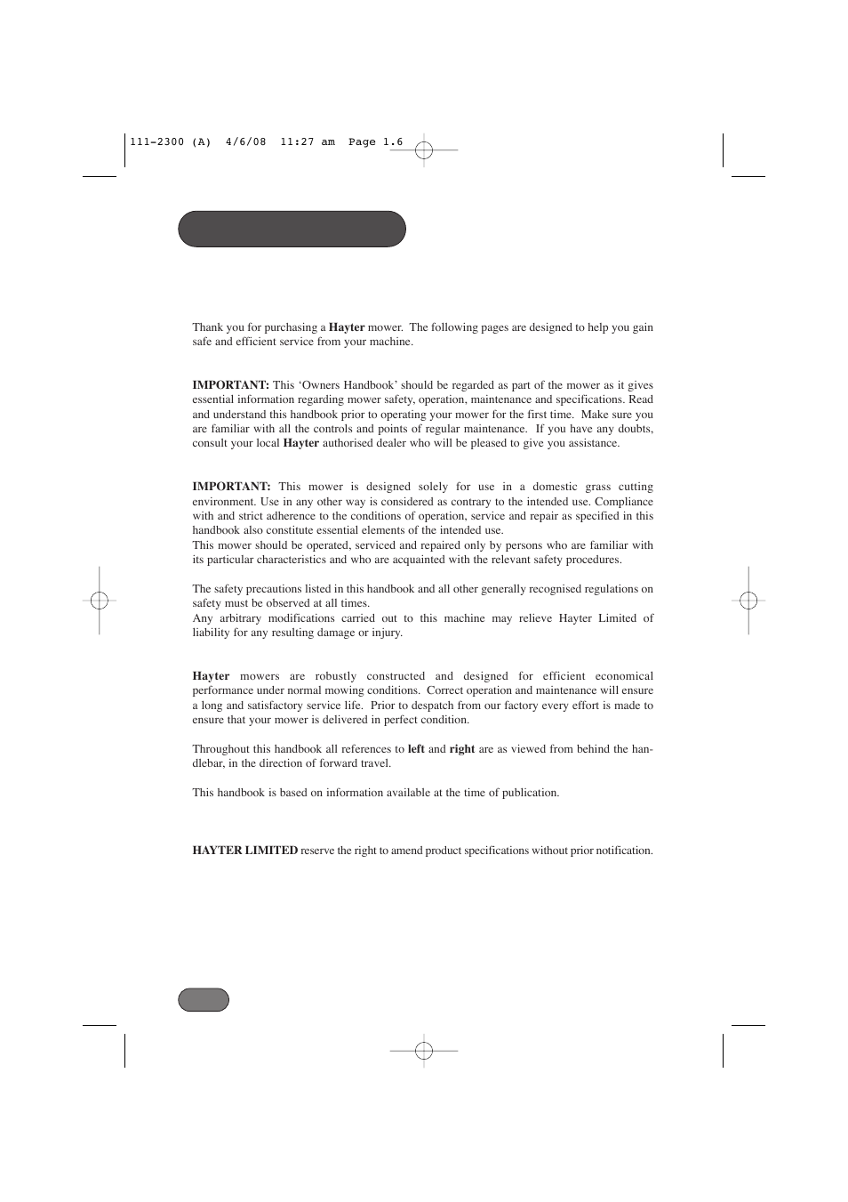 Introduction | Hayter Mowers Motif 43F User Manual | Page 6 / 40