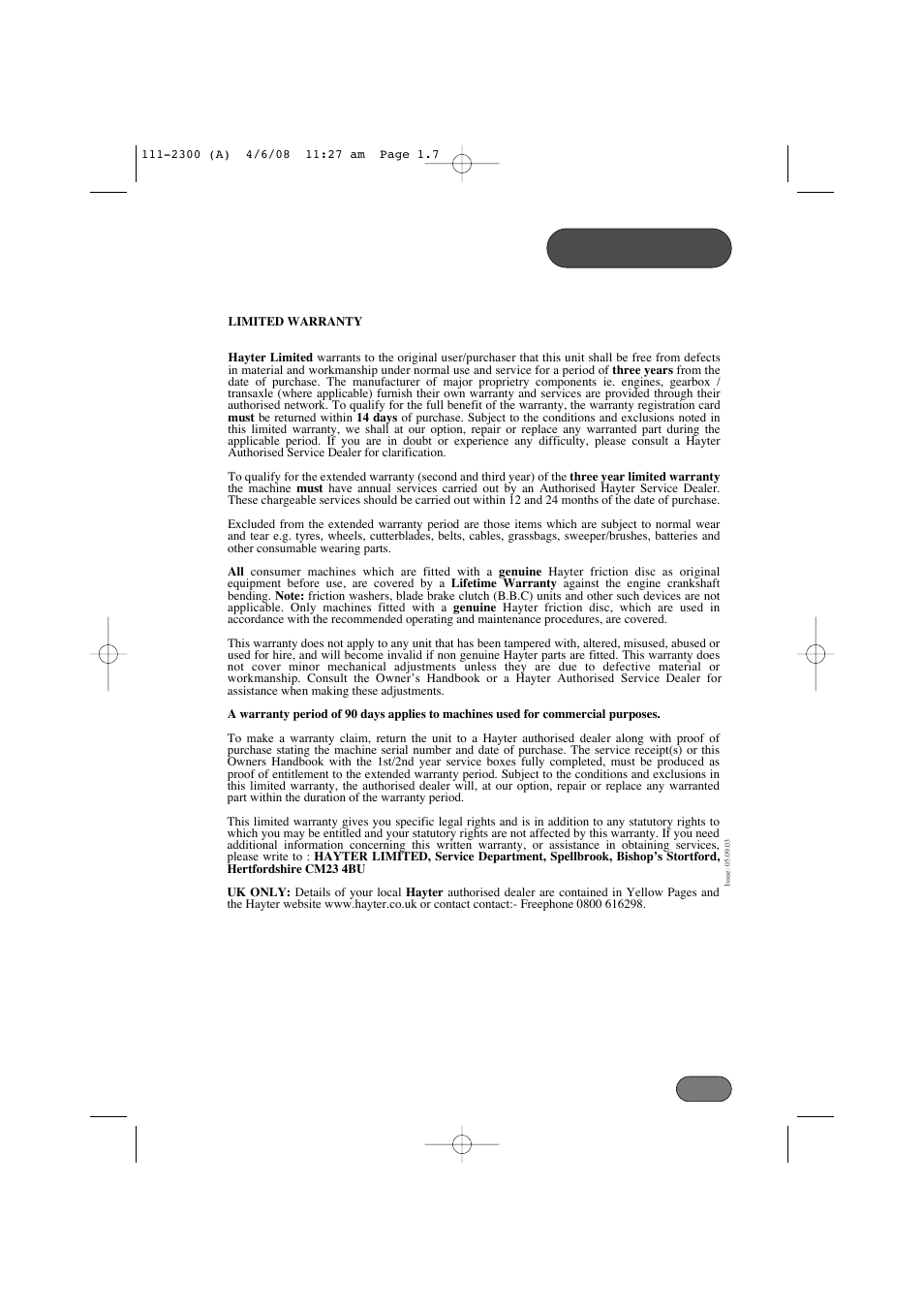 Warranty | Hayter Mowers Motif 43F User Manual | Page 7 / 40