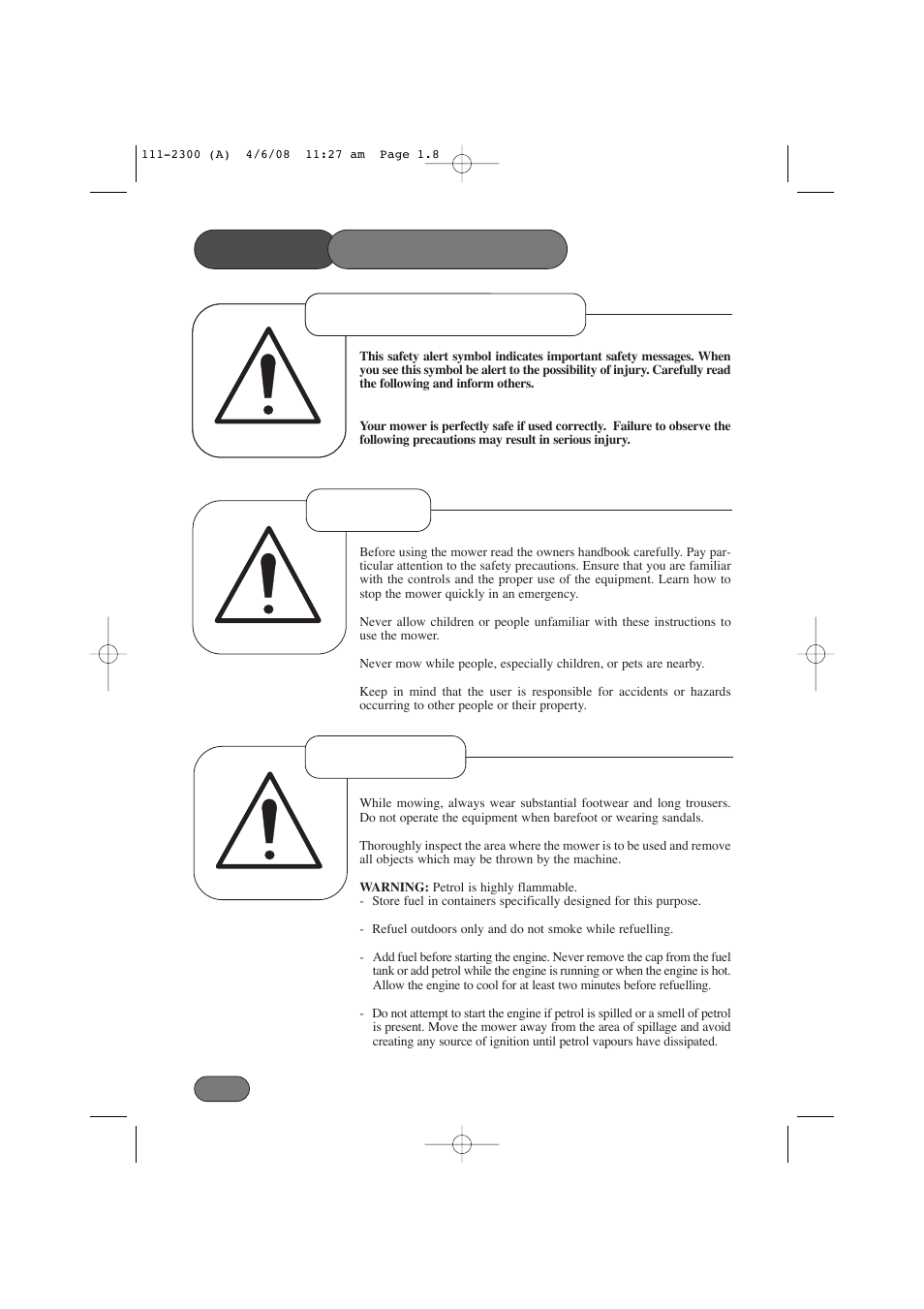 Safety precautions, Safety alert symbol preparation training | Hayter Mowers Motif 43F User Manual | Page 8 / 40