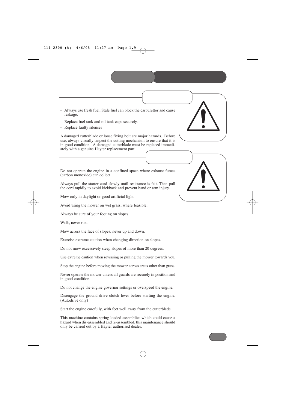 Precautions, Operation preparation safety | Hayter Mowers Motif 43F User Manual | Page 9 / 40