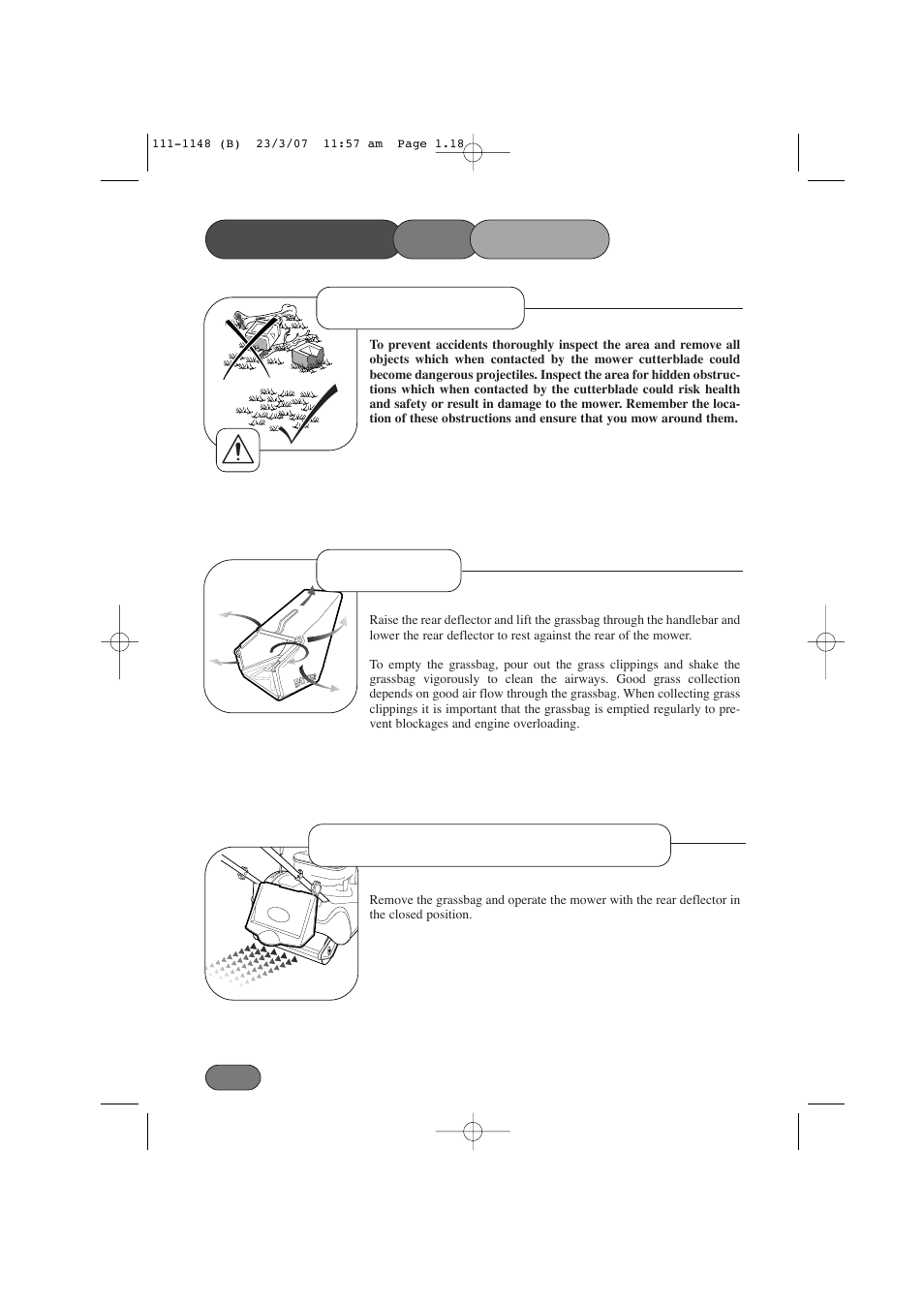 Operating the mower without grass collection, Before mowing grassbag | Hayter Mowers Harrier 41 412E User Manual | Page 18 / 40