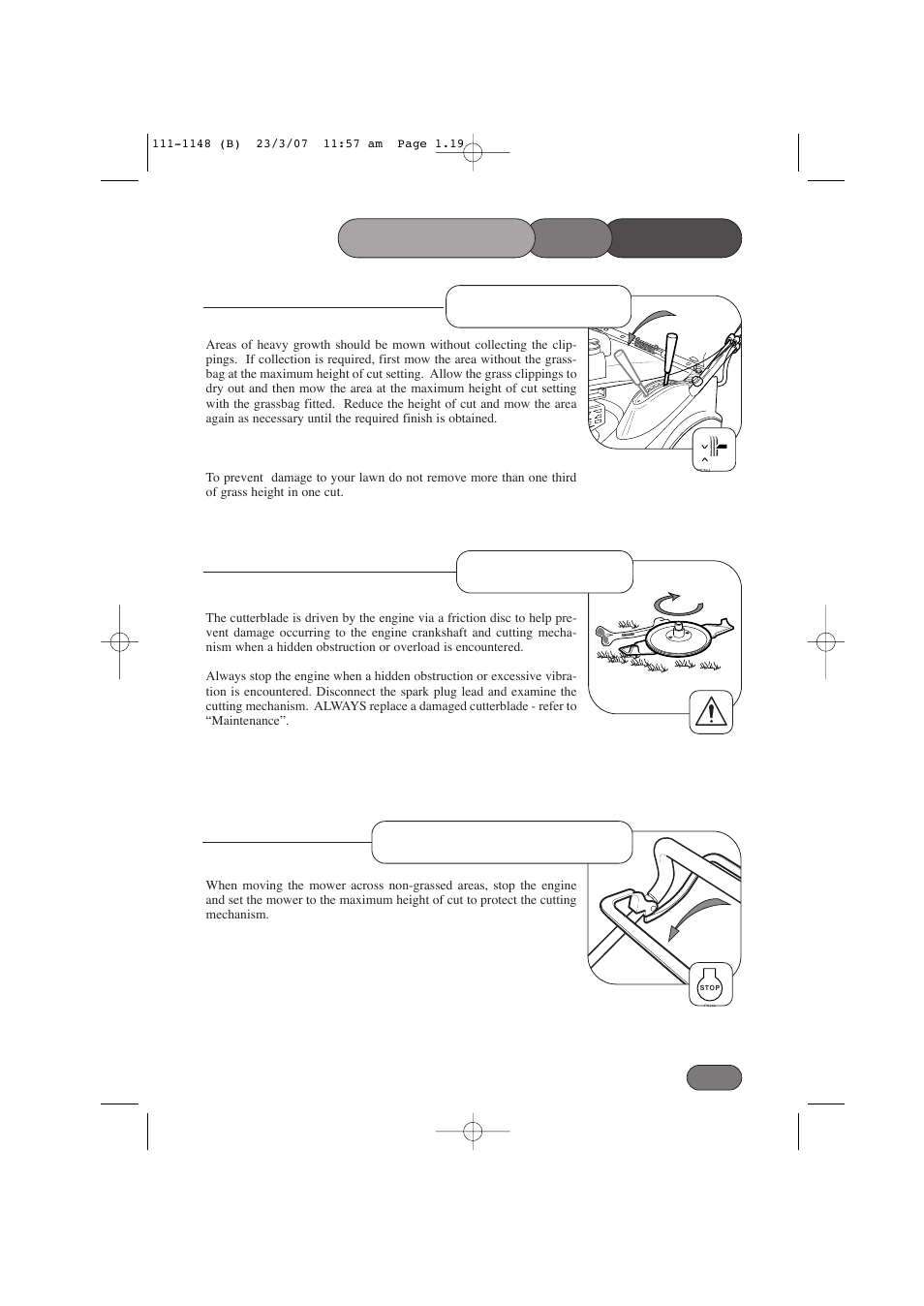 Mower the operating, Friction disc, Non-grassed areas | Heavy growth | Hayter Mowers Harrier 41 412E User Manual | Page 19 / 40