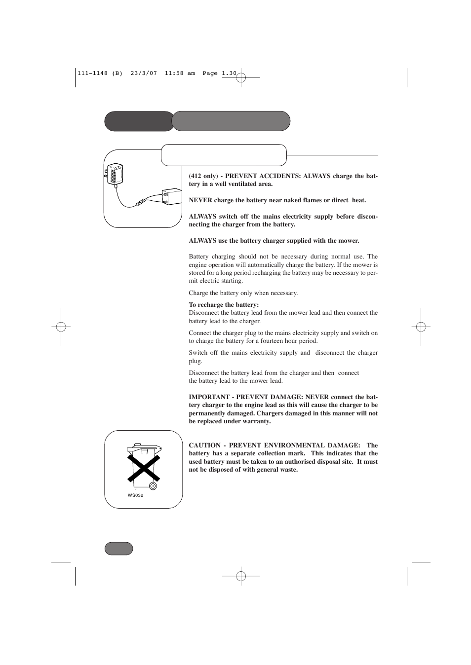 Mower maintenance, Battery charging | Hayter Mowers Harrier 41 412E User Manual | Page 30 / 40