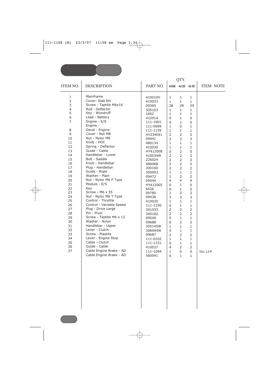 Parts list | Hayter Mowers Harrier 41 412E User Manual | Page 34 / 40