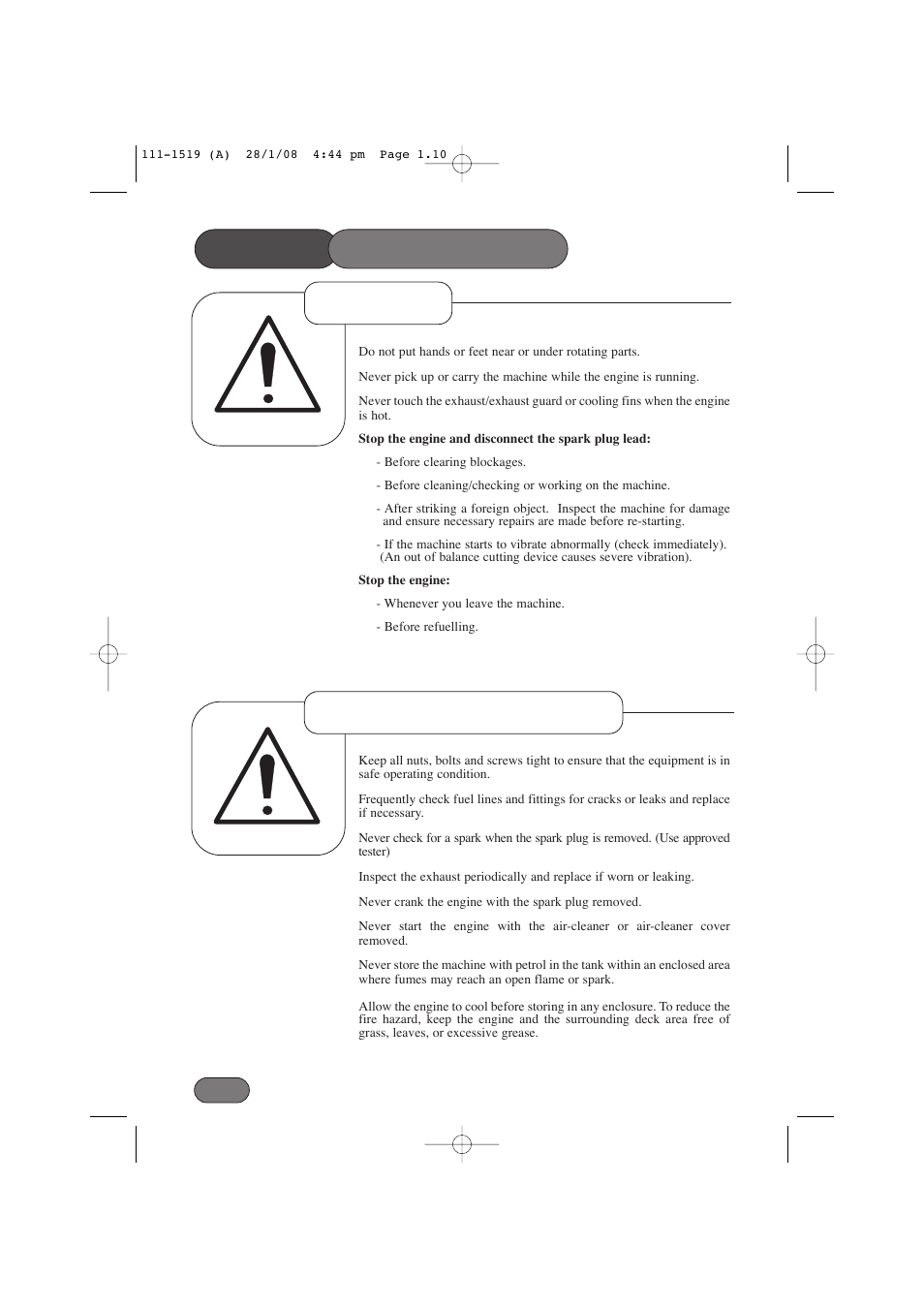 Safety precautions operation maintenance & storage | Hayter Mowers Hovertrim 185E XR16 User Manual | Page 10 / 28