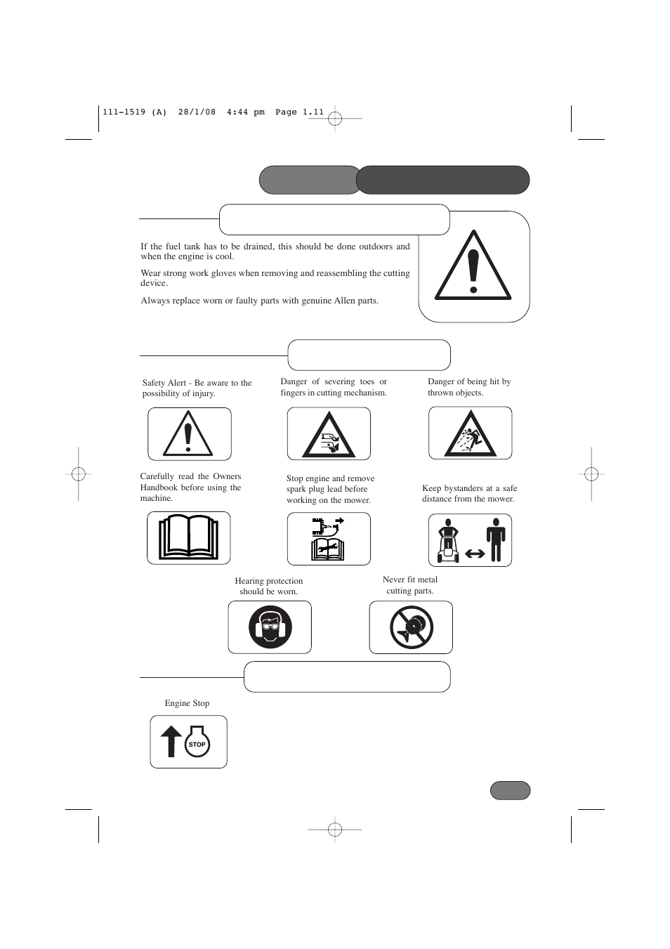 Safety precautions, Maintenance & storage safety symbols, Information symbols | Hayter Mowers Hovertrim 185E XR16 User Manual | Page 11 / 28