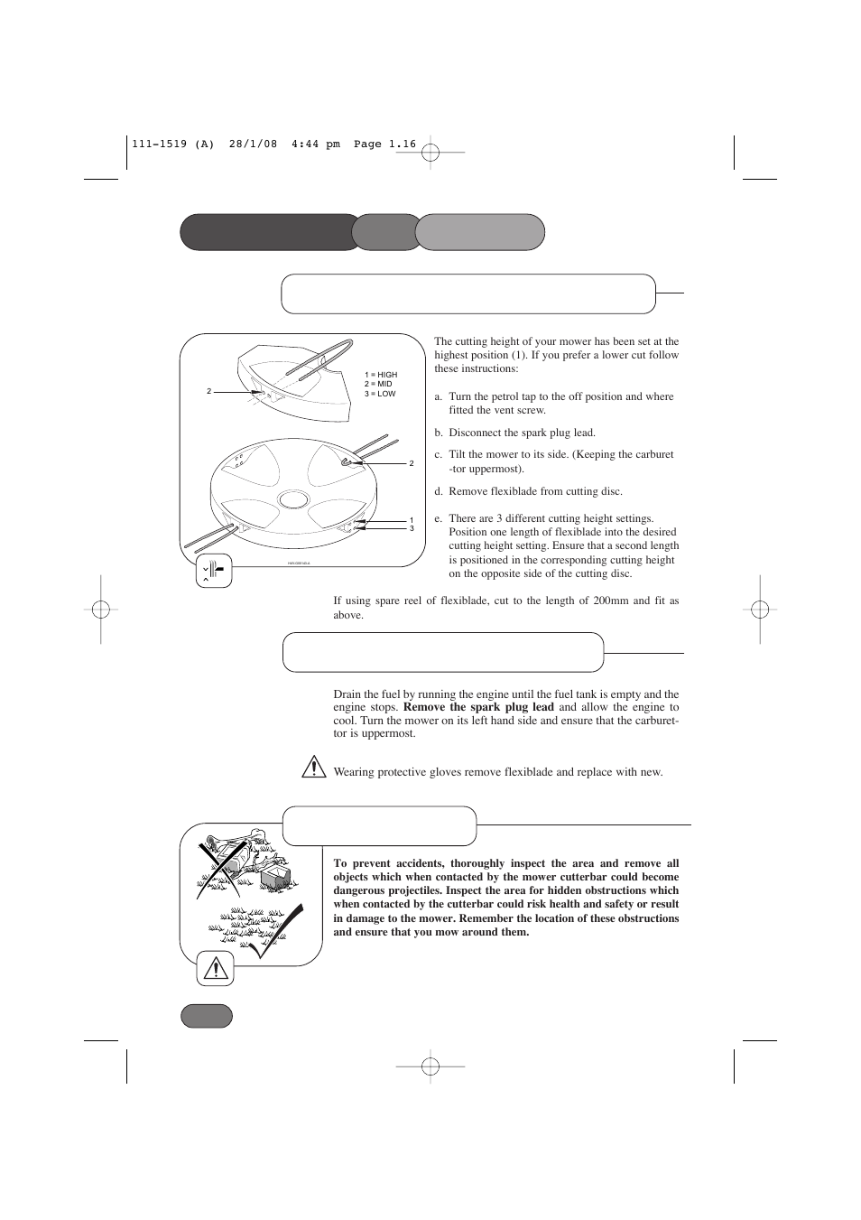 Operating the mower, Adjusting the cutting height, Before mowing flexiblade replacement | Hayter Mowers Hovertrim 185E XR16 User Manual | Page 16 / 28