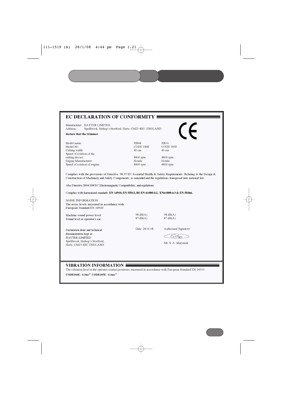 Conformity of declaration, Ec declaration of conformity | Hayter Mowers Hovertrim 185E XR16 User Manual | Page 21 / 28
