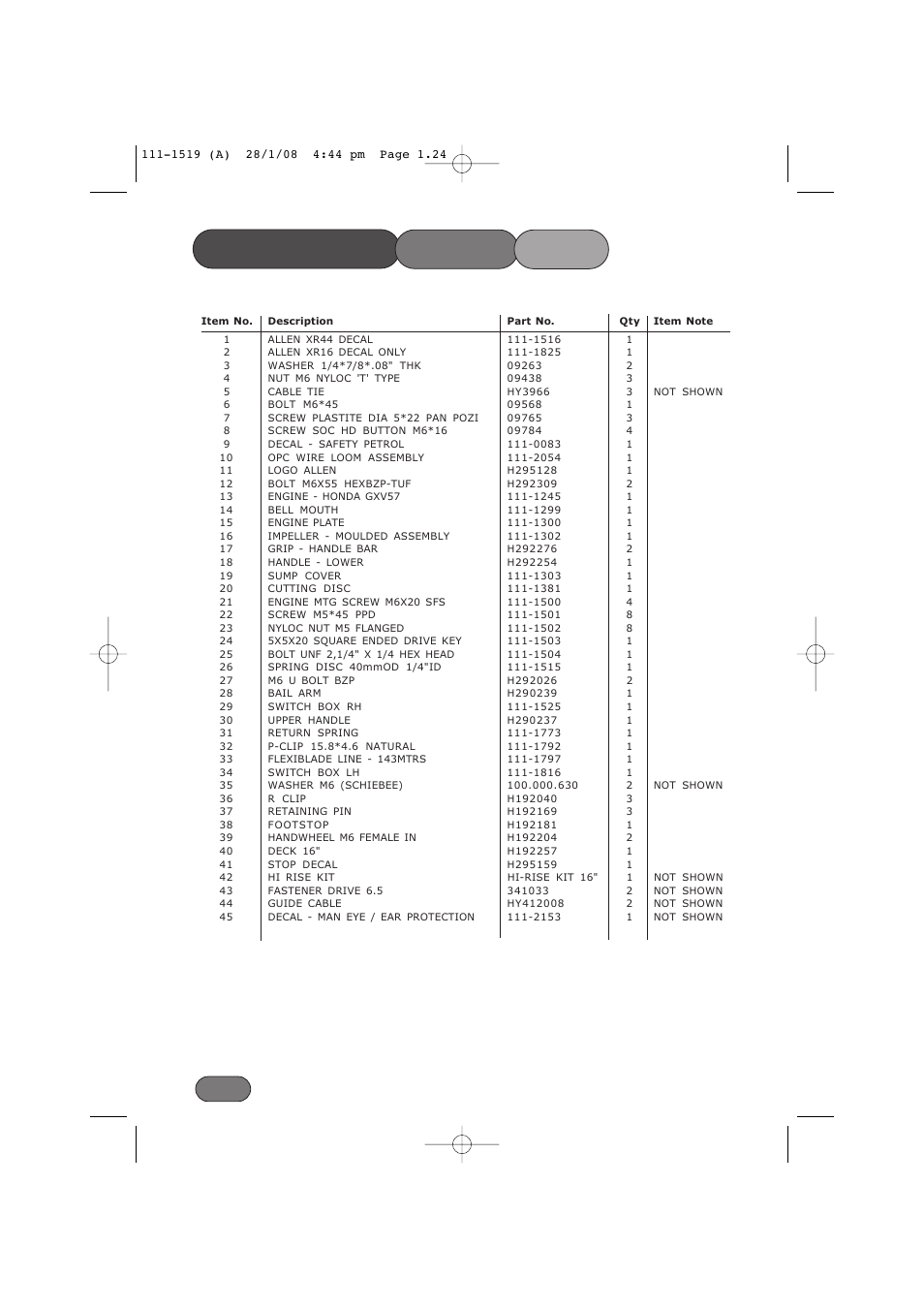 Mainframe parts list | Hayter Mowers Hovertrim 185E XR16 User Manual | Page 24 / 28